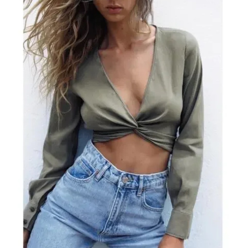 Zara Green Twist Front Tie Back Crop Top Sz Lg